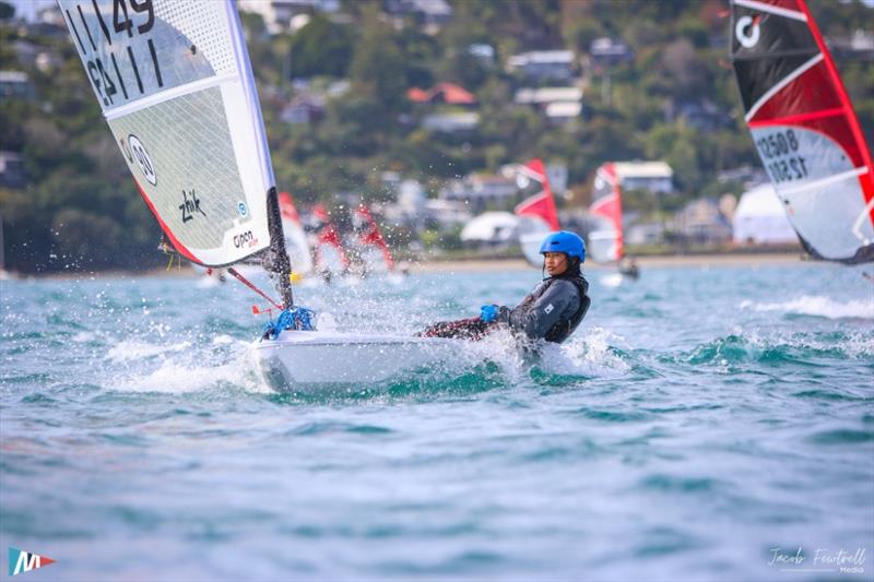 Ellena Keall-Neches (Plimmerton Boating Club), 1st Girl - O'pen Skiff NZ Nationals - Manly SC - April 2024 photo copyright Jacob Frewtell Media taken at Manly Sailing Club and featuring the O'pen Skiff class