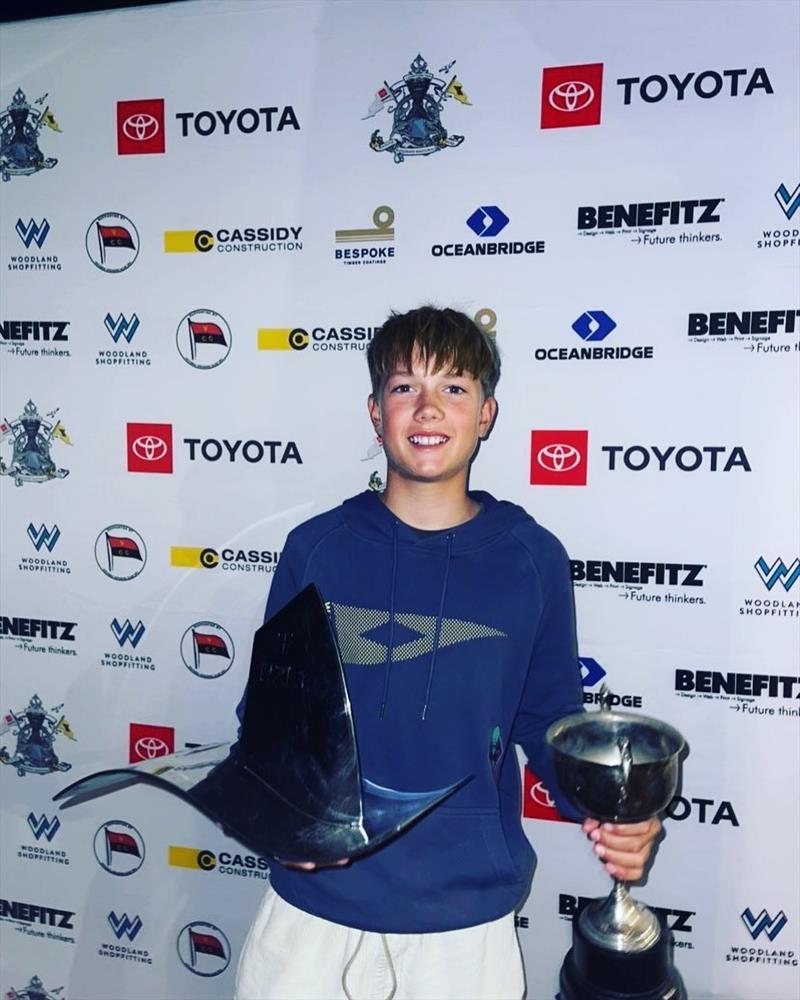 Will Mason with the Ralph Roberts Trophy - Day 4 - 2023 Toyota Optimist NZ Nationals - Wakatere BC - April 10, 2023 photo copyright Wakatere Boating Club taken at Wakatere Boating Club and featuring the Optimist class