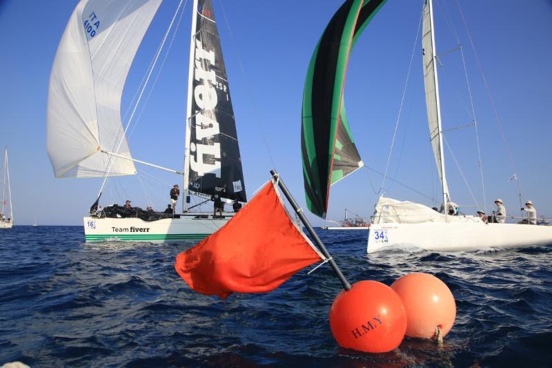 The X-41 Next shown shooting the finish line alongside Maksym Gryshchov's Fareast 28R sport boat Delta shows the diversity of boat types racing here, but the two are actually in different classes - 2018 ORC European Championship photo copyright Nikos Pantis taken at Famagusta Nautical Club and featuring the ORC class