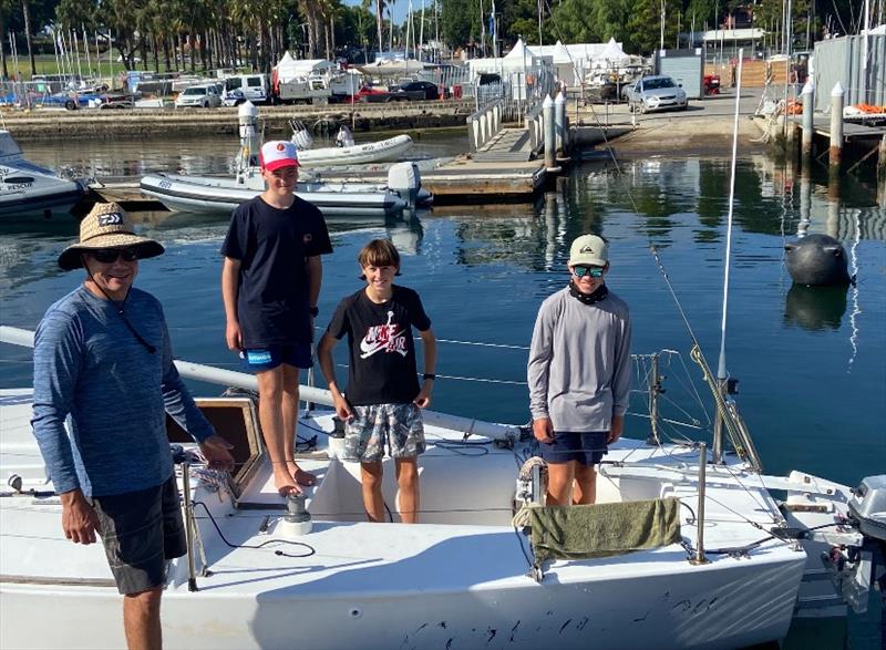 Will (far right) with father Jason (far left) on 'Pa's' boat with fellow sailing friends Charley S and Josh G - photo © Provided by Will Farnell