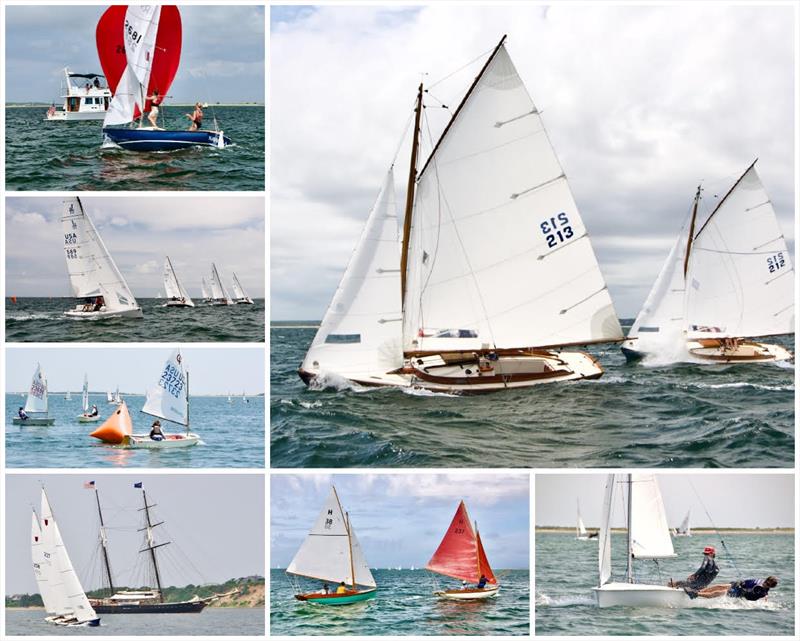 Clockwise from top right: Wianno Seniors winner Aria, C420 winner Peter Herlihy/Finn Sperry, H12½ winner Persephone, Shields winner Bit O Honey (Shenandoah in background), Opti Overall champion Roger Wellington, J/70 winner Lynx, Rhodes 19 winner Navicula photo copyright Rick Bannerot / ontheflyphoto.net taken at Edgartown Yacht Club and featuring the PHRF class