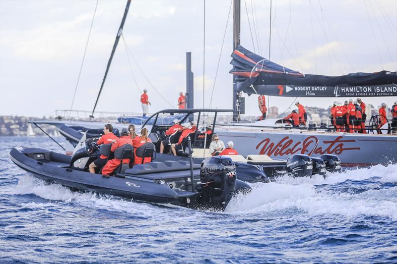 Ribco R28S and Venom 44 (Official Chase Boats) shadow Wild Oats XI on the way to the start of the Cabbage Tree Island Race - photo © Salty Dingo