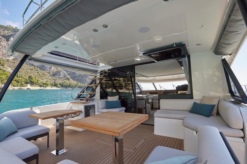 Aft deck on Prestige's new M48 powercat - photo © Prestige Yachts