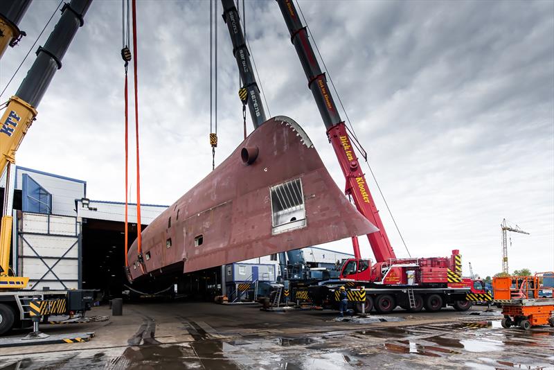 Hull turning of project YN203, the 37.8-metre Moonen Martinique (124 ft) photo copyright Moonen Yachts taken at  and featuring the Power boat class
