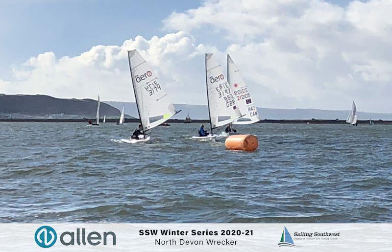 Greg Bartlet takes an early lead ahead of Peter Barton and Ben Flower in the North Devon Wrecker pursuit race photo copyright Sailing Southwest taken at North Devon Yacht Club and featuring the  class