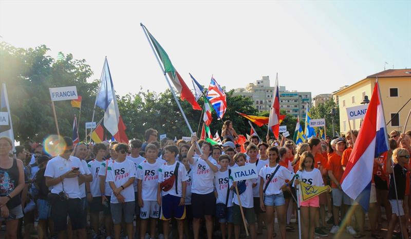 Opening ceremony - RS Feva Worlds 200 crews from 23 countries - Follonica, Italy - July 2019 photo copyright Elena Giolai / Fraglia Vela Riva taken at Gruppo Vela L.N.I. Follonica and featuring the RS Feva class