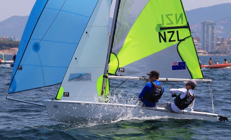 New Zealand crews in action on Day 1 of the 2019 RS Feva World Championships, Follonica Bay, Italy photo copyright Elena Giolai / Fraglia Vela Riva taken at Gruppo Vela L.N.I. Follonica and featuring the RS Feva class