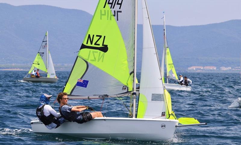 Blake Hinsley and Nicholas Drummond (NZL) - Day 1 of the 2019 RS Feva World Championships, Follonica Bay, Italy photo copyright Elena Giolai / Fraglia Vela Riva taken at Gruppo Vela L.N.I. Follonica and featuring the RS Feva class