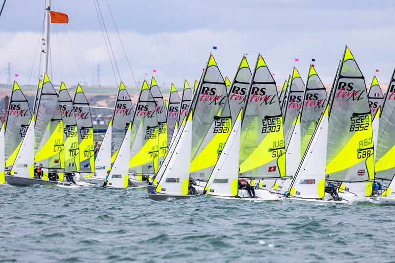 Simon Cooke and Arthur Rebbeck (NZL 7637) gets away to a good start on Day 5 of the RS Feva Worlds - Weymouth - England - July 2022 photo copyright Phil Jackson taken at Weymouth & Portland Sailing Academy and featuring the RS Feva class