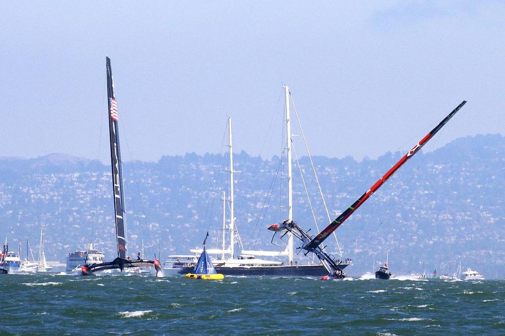 Oracle Team USA v Emirates Team New Zealand. America's Cup Day 5 San Francisco. Emirates Team NZ comes close to a capsize in Race 8 as Oracle Team USA avoids - 5 - photo © Richard Gladwell www.photosport.co.nz
