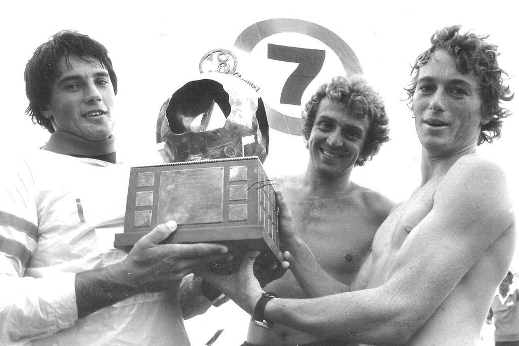 Back in the Day - the unbeatable Color 7 crew (Iain Murray, Andrew Buckland, Don Buckley) with the Giltinan Trophy - JJ Giltinan 18ft Skiff Championship 2014 photo copyright Australian 18 Footers League www.18footers.com.au taken at  and featuring the  class