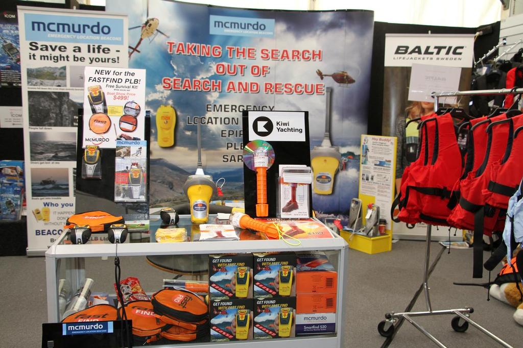 Safety at Sea stand of essential safety equipment - Hutchwilco NZ Boat Show 2014. All your required safety gear can be purchased over the counter - even as Christmas presents! © Richard Gladwell www.photosport.co.nz