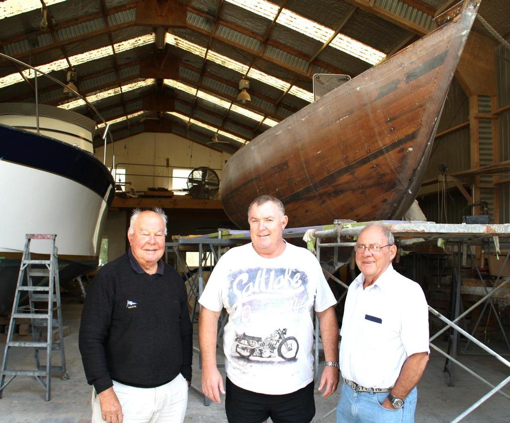 From left – John Street, Wayne Olsen and Chris Bouzaid at Horizon Boats - with Rainbow II - May 2014 - photo © SW