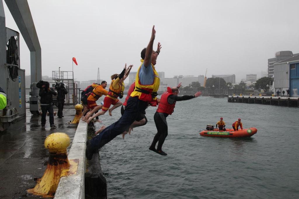 Chief executives and senior managers take a leap for safety wearing lifejackets at Wellington's waterfront today - Safer Boating Week wharf jump - Safer Boating Week wharf jump © Sarah Brazil