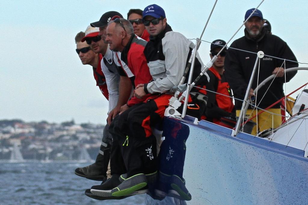 Two of the Zhik testing team at work - Ben Gladwell on the bow of V5, and Blair Tuke down aft, alongside the helmsman- 2014 ANZ Fiji Race photo copyright Richard Gladwell www.photosport.co.nz taken at  and featuring the  class