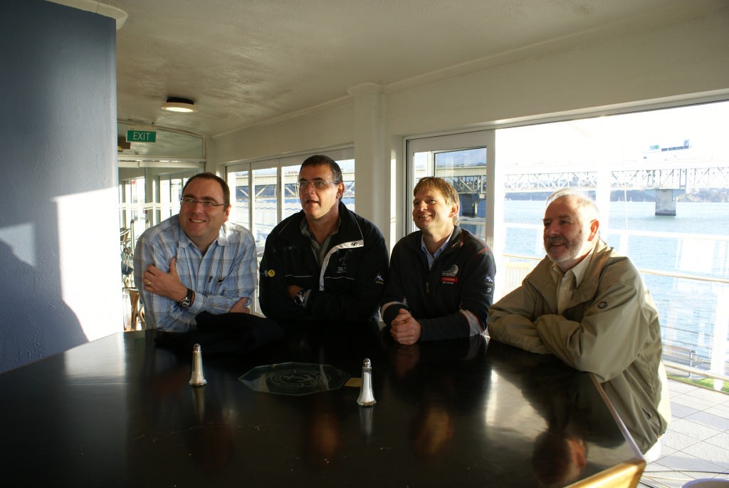 From left: Colin Lucas, Ross Masters (Rear Commodore); Scott Colebrook (Vice Commodore) and Int Umpire John Rountree at the Round Table for the Louis Vuitton Cup Final photo copyright Sail-World.com/NZ  taken at  and featuring the  class