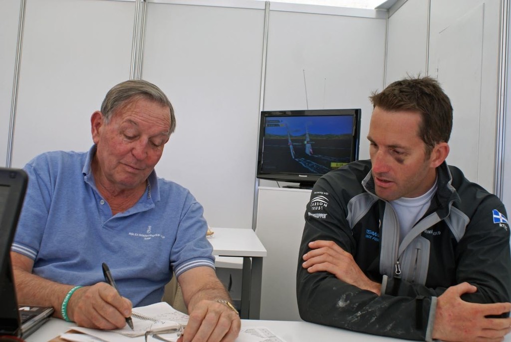 TeamOrigin skipper, Ben Ainslie debriefs Bob Fisher immediately after the race in the Louis Vuitton Media centre - photo © Richard Gladwell www.photosport.co.nz