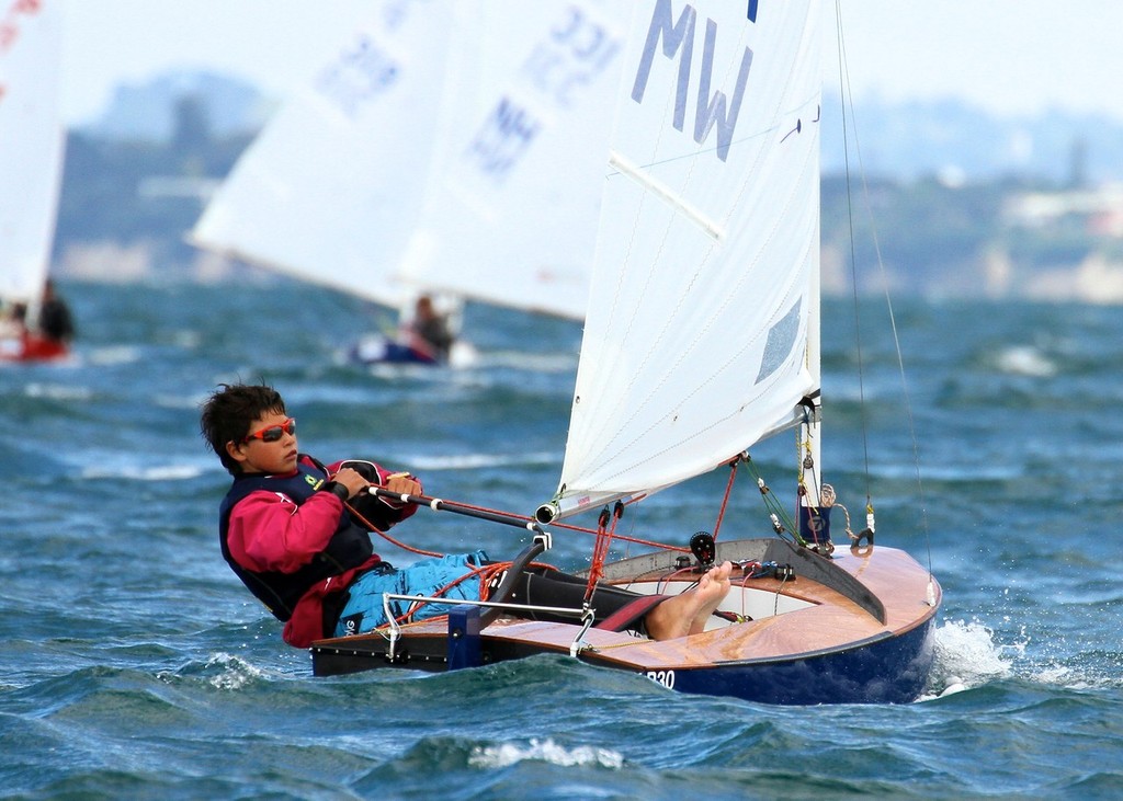 Top Optimist sailor, Leonard Takahashi-Fry, sails his new P class winning the  Final Race, 2012 Stack Interiors P class Tauranga Cup, Murray&rsquo;s Bay photo copyright Richard Gladwell www.photosport.co.nz taken at  and featuring the  class
