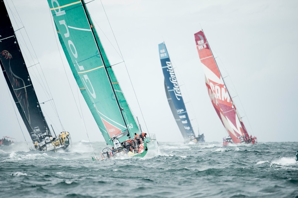 The fleet of Volvo Open 70's blast away from the start line of leg 6, from Itajai, Brazil, to Miami, USA, during the Volvo Ocean Race 2011-12. (Credit: PAUL TODD/Volvo Ocean Race) - photo © Paul Todd/Volvo Ocean Race http://www.volvooceanrace.com