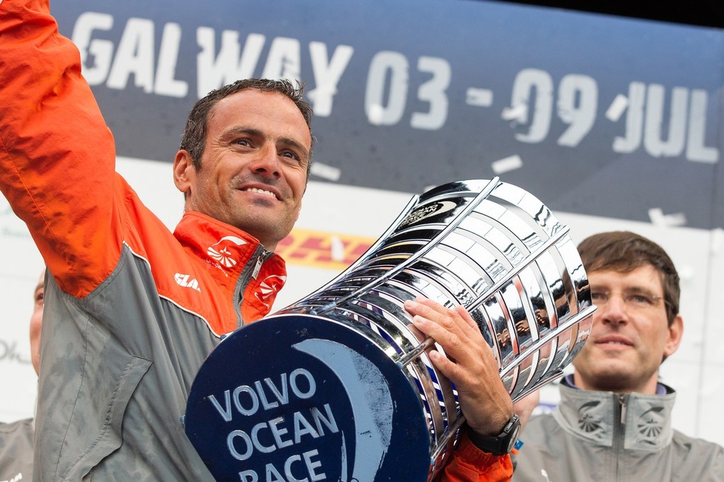 Groupama Sailing Team, skipper Franck Cammas from France, lifts the Volvo Ocean Race trophy, claiming first place overall in the Volvo Ocean Race 2011-12, at the final public prize giving, in Galway, Ireland, during the Volvo Ocean Race 2011-12.  © Ian Roman/Volvo Ocean Race http://www.volvooceanrace.com