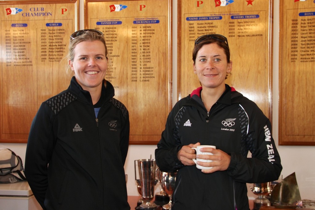 Olivia Powrie and Jo Aleh in front oif the honours boards which carry both their names  at Kohimaramara Yacht Club  Sunday Sptember 23, 2012 . Photo: Richard Gladwell / photosport.co.nz photo copyright Richard Gladwell www.photosport.co.nz taken at  and featuring the  class