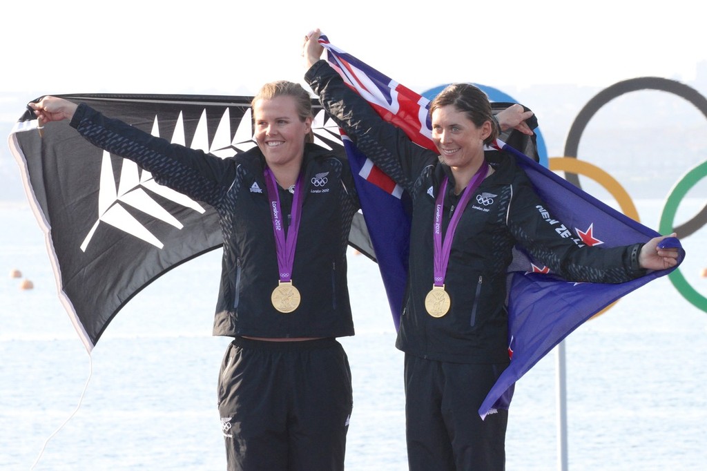  August 10, 2012 - Weymouth, England - Olivia Powrie and Jo Aleh after being presented with the Gold Medal in the Womens 470 photo copyright Richard Gladwell www.photosport.co.nz taken at  and featuring the  class
