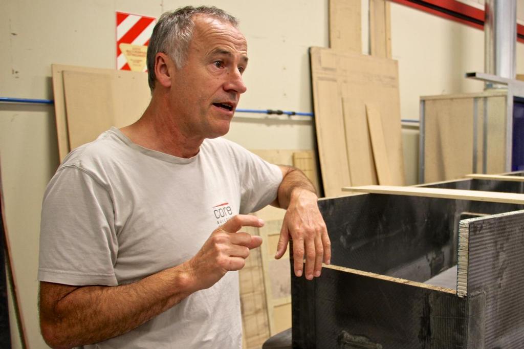 Tim Smyth makes a point leaning on part of the Makani kite for a power generation project -  Core Builders Composite - Warkworth April 2015 photo copyright Richard Gladwell www.photosport.co.nz taken at  and featuring the  class