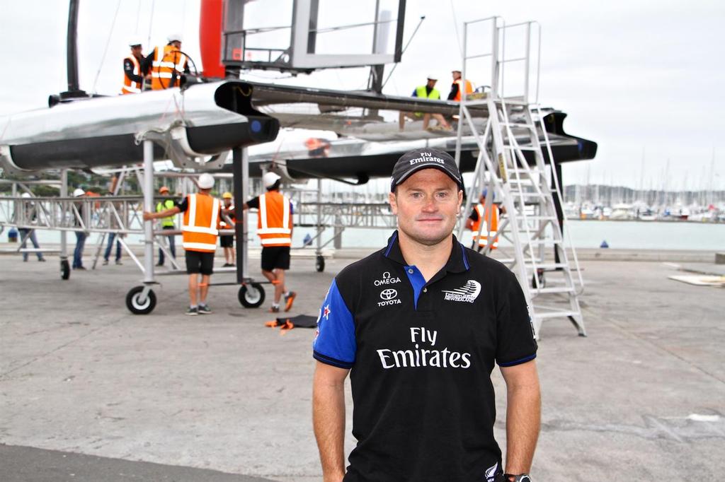 Skipper Glenn Ashby - Emirates Team NZ - with the borrowed AC45 from Luna Rossa - which was their first boat in this cycle - it was battery powered - with no grinders - photo © Richard Gladwell www.photosport.co.nz