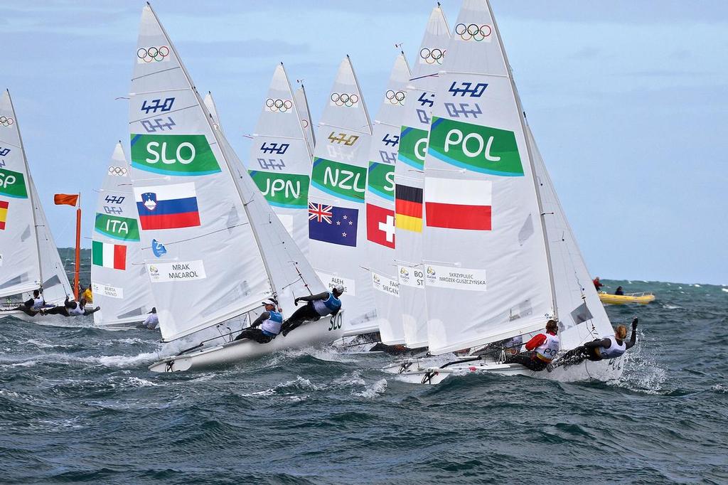 Jo Aleh and Polly Powrie head off after the start of Race 3, sailed in the Atlantic Ocean off the Brazilian coast  - Summer Olympics - Womens 470 photo copyright Richard Gladwell www.photosport.co.nz taken at  and featuring the  class