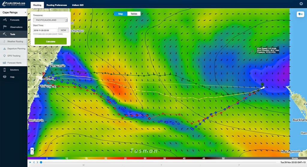 Assuming the supermaxi covered 320nm in the first 18hrs and took the direct route to Sydney, we can see how the routing changes quite dramatically for the different models - underlining the view that generally the great circle course is often the best, but in this case most navigators would look at the point of consistency from all the models - which is to head south a little. photo copyright PredictWind taken at  and featuring the  class