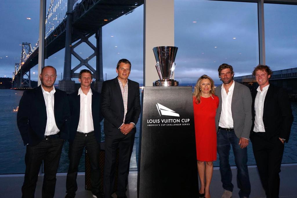 August 7, 2013.  Louis Vuitton Cup skipper’s Dinner held at Pier 24 Photography Gallery.  Skippers competing in the challenger series included  Challenge skippered Max Sirena (ITA) and Artemis Racing skipper Ian Percy (GBR). Left to right; ,Luna Rossa Challenge Max Sirena, & Chris Draper; Emirates Team New Zealand, Dean Barker; Christine Belanger,Louis Vuitton Events Director; Artemis Racing skipper Iain Percy (GBR) and Nathan Outteridge.  © Bob Grieser/Outside Images