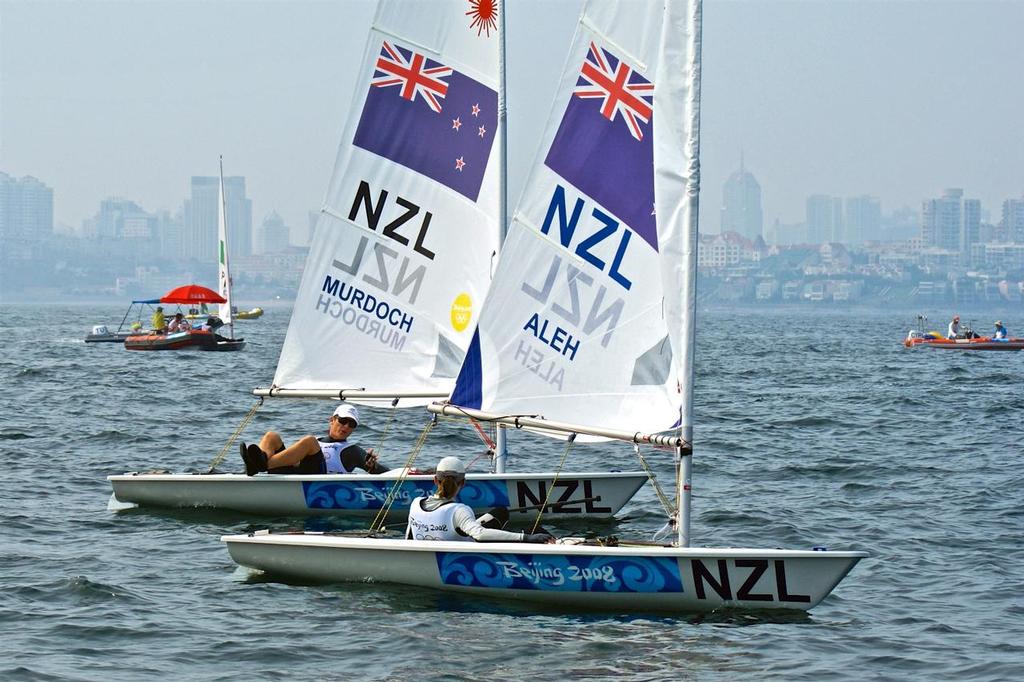 From the S-W Archives - Jo Aleh and Andrew Murdoch enjoy a chat between races - 2008 Olympic Regatta, Qingdao. photo copyright Richard Gladwell www.photosport.co.nz taken at  and featuring the  class