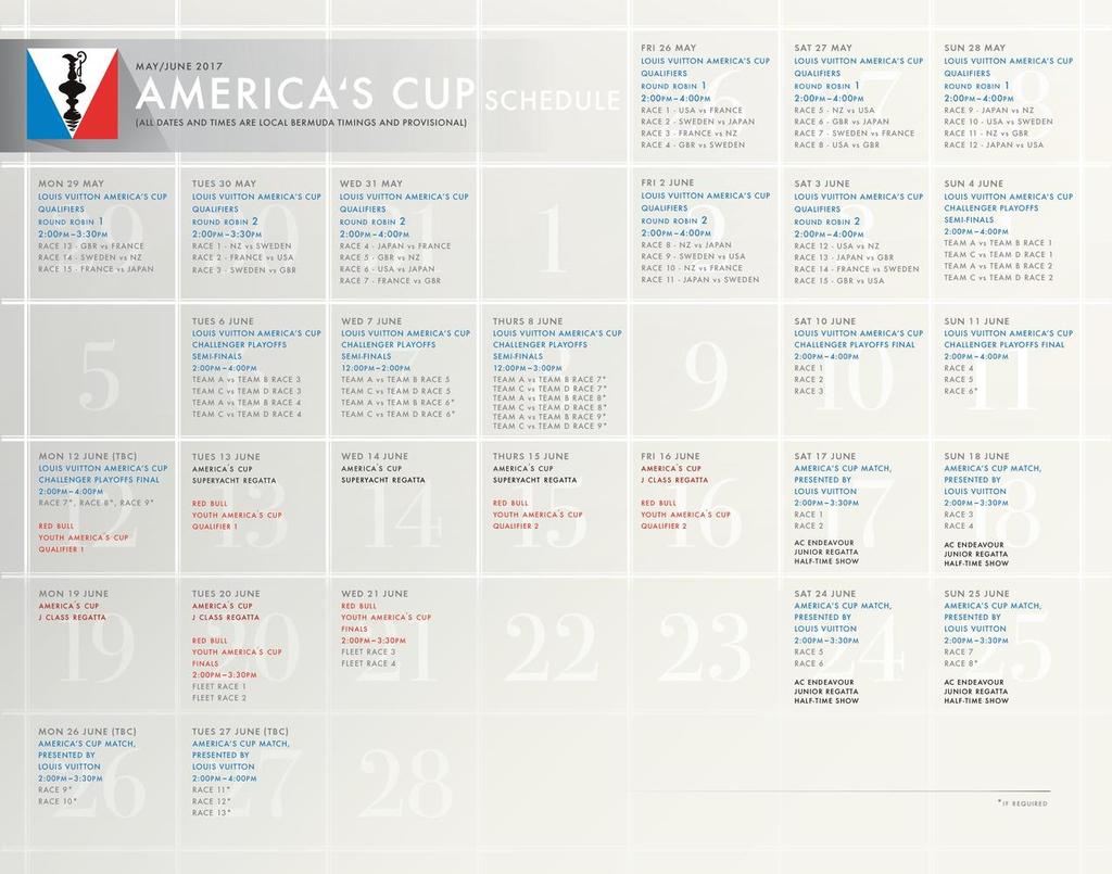 Louis Vuitton America’s Cup Schedule - May 26 - June 27, 2017 © Americas Cup Media www.americascup.com