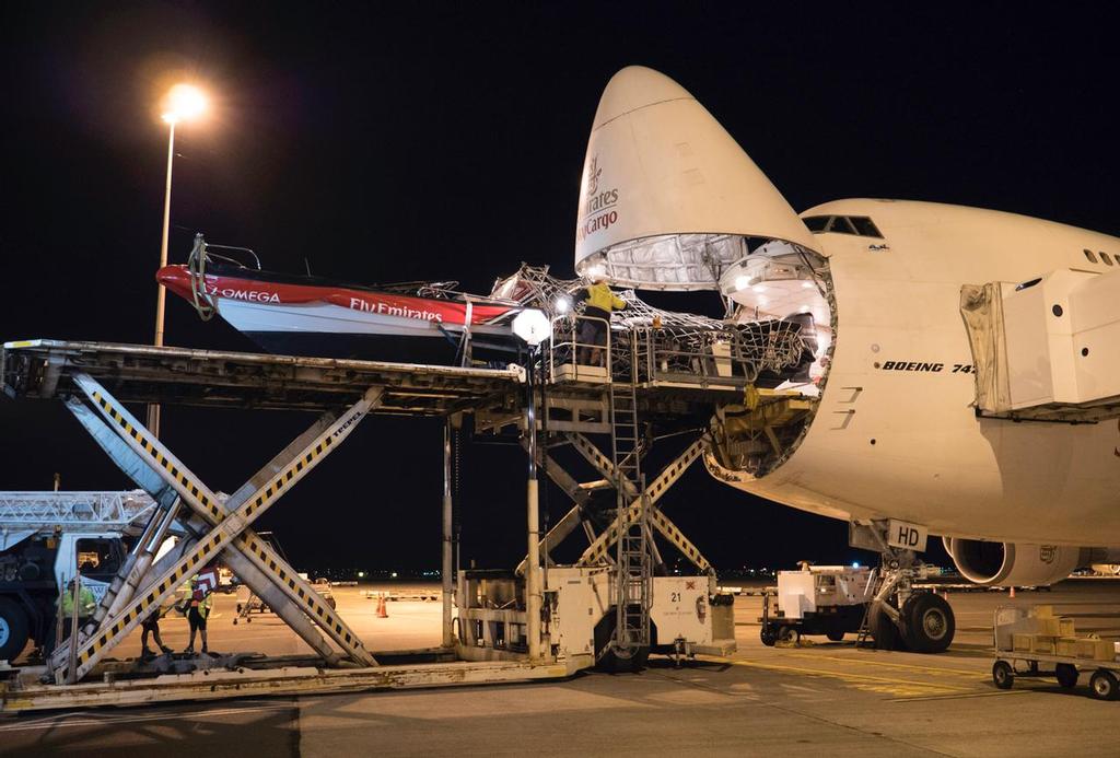 09/4/17- Emirates Team New Zealand load their America's Cup Class race boat into an Emirates Sky Cargo 747 at Auckland International Airport to fly to Bermuda for the 35th America's Cup photo copyright Hamish Hooper/Emirates Team NZ http://www.etnzblog.com taken at  and featuring the  class