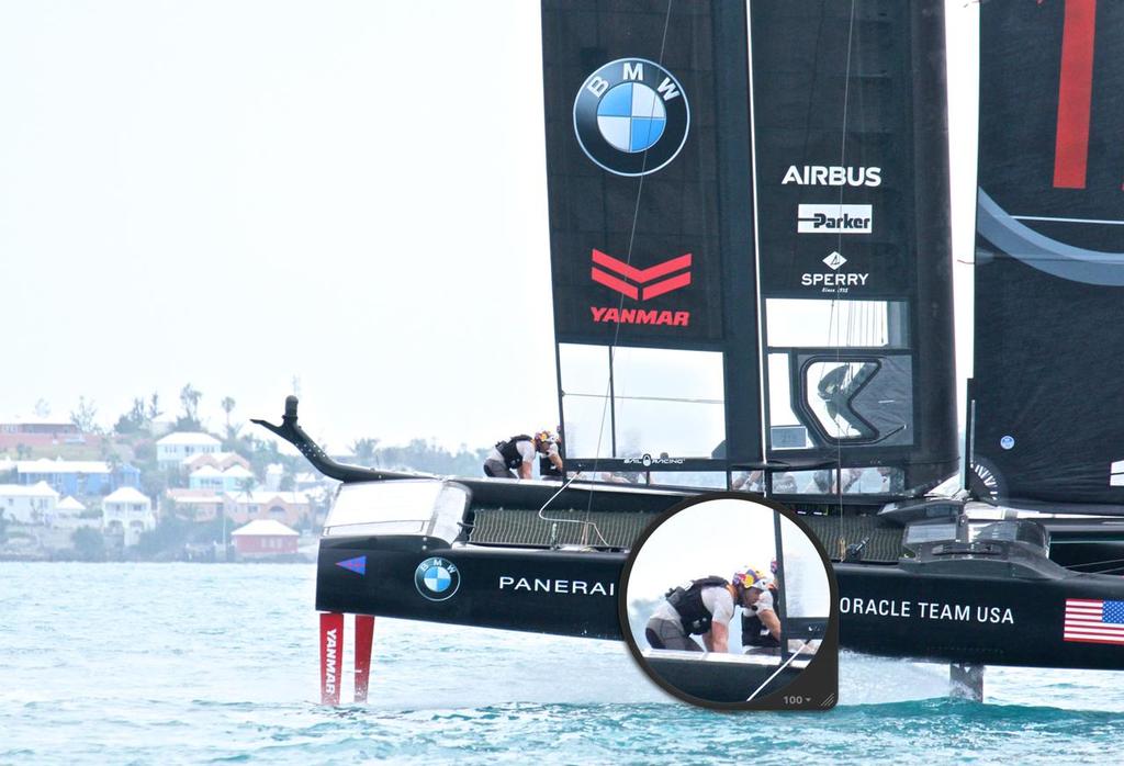 Oracle Team USA with Tom Slingsby in the cycling position behind Jimmy Spithill - Round Robin 2, Day 6 - 35th America's Cup - Bermuda  June 1, 2017 photo copyright Richard Gladwell www.photosport.co.nz taken at  and featuring the  class