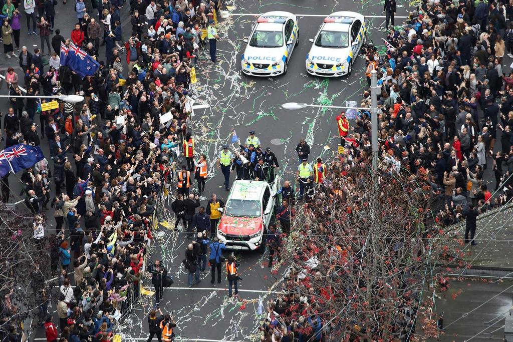 AUCKLAND, NEW ZEALAND - JULY 06:  Members of Team Emirates, Peter Burling, Glenn Ashby, Grant Dalton, Kevin Shoebridge, Matteo de Nora and Stephen Tindall thank fans during the Team New Zealand Americas Cup Welcome Home Parade on July 6, 2017 in Auckland, New Zealand.  (Photo by Phil Walter/Getty Images) - photo © Getty Images