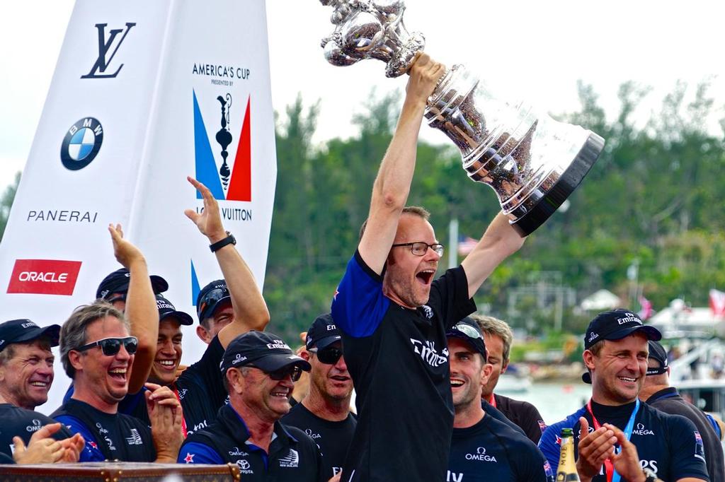 After four America’s Cup campaigns, Dan Bernasconi hold the America's Cup aloft. - photo © Scott Stallard http://scottstallard.com/