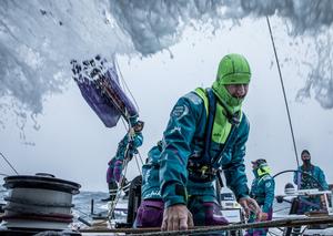 Day 16, Leg 2, Lisbon to Cape Town, on board AkzoNobel. Nicolai Sehested, Brad Farrand, Luke Molloy and Chris Nicolson- all focused on separate tasks with one goal. 20 November, 2017 – Volvo Ocean Race photo copyright  James Blake / Volvo Ocean Race taken at  and featuring the  class