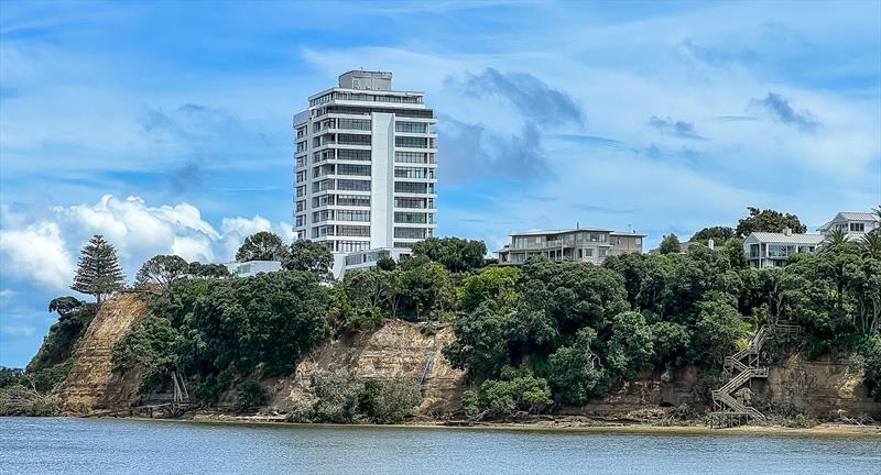 A small section of the extensive slip damage around Stanley Point - the exposed part of the cliffs were previously covered with trees which are now debris at the bottom  and get washed out the outgoing tide - photo © Richard Gladwell / Sail-World.com