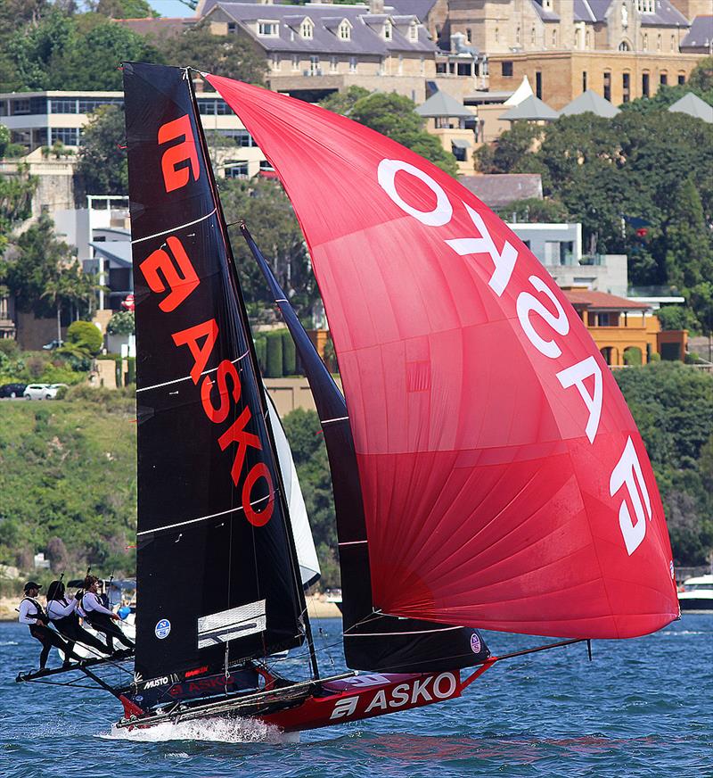 Asko showed her best form of the season before an untimely capsize while in the lead during race 2 of the 18ft Skiff NSW Championship photo copyright Frank Quealey taken at Australian 18 Footers League and featuring the 18ft Skiff class