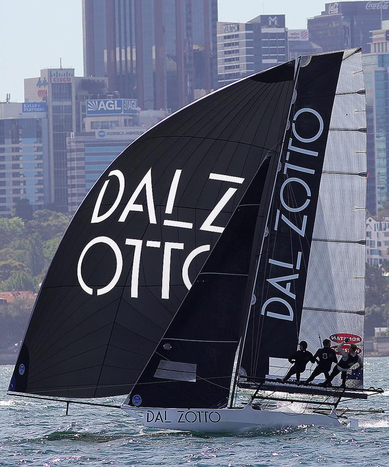 The young Dal Zotto crew show their paces on the run to the Clark Island mark on lap two during race 2 of the 18ft Skiff NSW Championship photo copyright Frank Quealey taken at Australian 18 Footers League and featuring the 18ft Skiff class