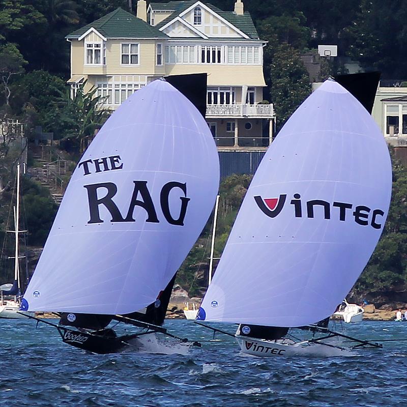 Rag and Famish Hotel and Vintec race to the finish line off Clark Island during race 2 of the 18ft Skiff NSW Championship photo copyright Frank Quealey taken at Australian 18 Footers League and featuring the 18ft Skiff class