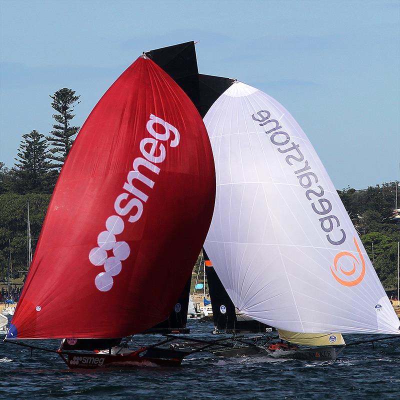 Smeg grabbed second place ahead of The Kitchen Maker on the middle spinnaker run during race 2 of the 18ft Skiff NSW Championship photo copyright Frank Quealey taken at Australian 18 Footers League and featuring the 18ft Skiff class