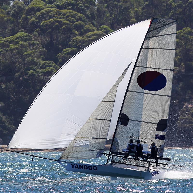 Yandoo leads the fleet down the run during the final race of the 18ft Skiff NSW Championship photo copyright Frank Quealey taken at Australian 18 Footers League and featuring the 18ft Skiff class