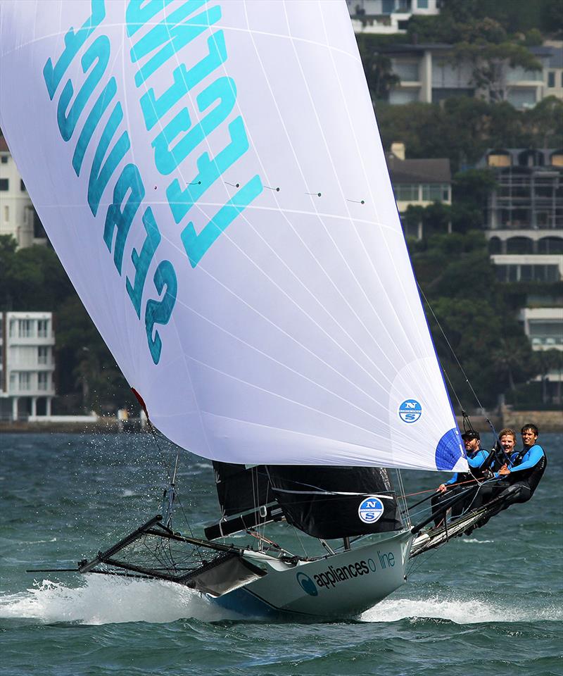 The Appliancesonline crew enjoy the moment on the way to victory in Race 6 on day 3 of the 18ft Skiff Australian Championship 2018 photo copyright Frank Quealey taken at Australian 18 Footers League and featuring the 18ft Skiff class