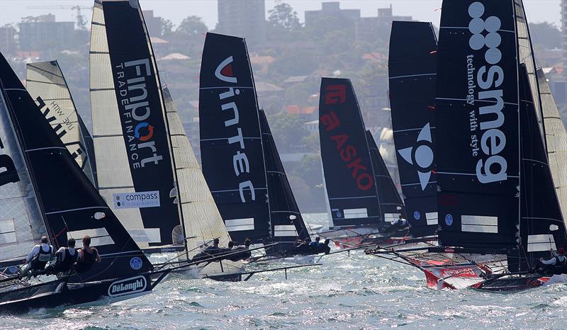 Start of Race 7 on day 4 of the 18ft Skiff Australian Championship 2018 photo copyright Frank Quealey taken at Australian 18 Footers League and featuring the 18ft Skiff class