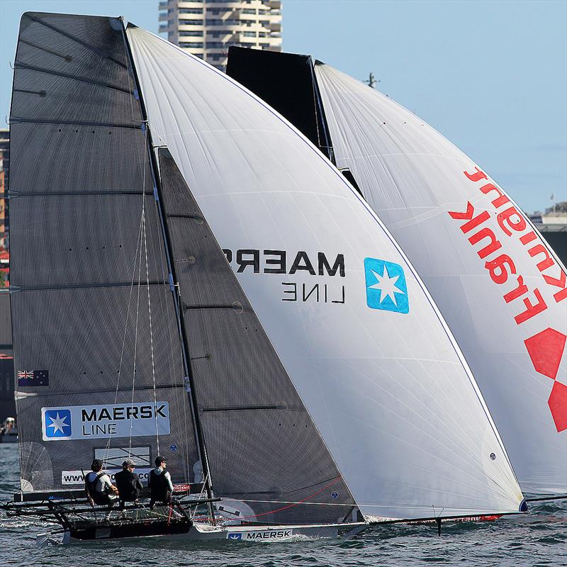 Maersk Line and Knight Frank in tight spinnaker action during 18ft Skiff JJ Giltinan Championship Race 8 photo copyright Frank Quealey taken at Australian 18 Footers League and featuring the 18ft Skiff class