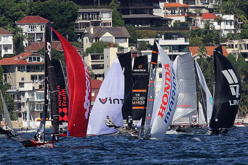 The fleet coming out of Rose Bay on the first lap during 18ft Skiff JJ Giltinan Championship Race 8 photo copyright Frank Quealey taken at Australian 18 Footers League and featuring the 18ft Skiff class