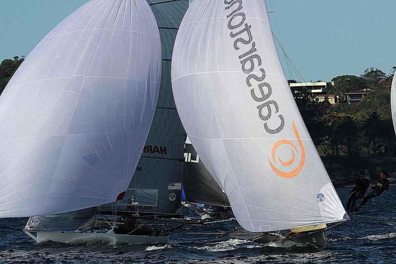 The Kitchen Maker beats Harken home by one second in 18ft Skiff JJ Giltinan Championship Race 8 photo copyright Frank Quealey taken at Australian 18 Footers League and featuring the 18ft Skiff class
