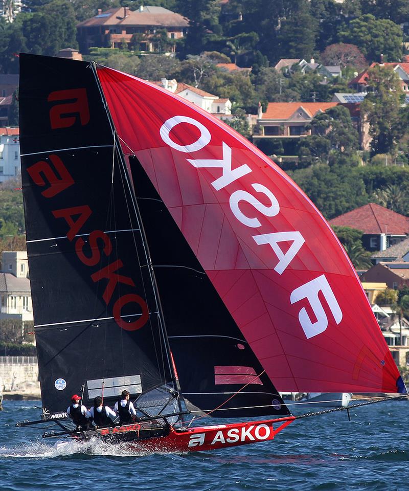Asko Appliances led for most of the race before finishing second behind Finport Trade Finance in the 18ft Skiff JJ Giltinan Championship final race photo copyright Frank Quealey taken at Australian 18 Footers League and featuring the 18ft Skiff class